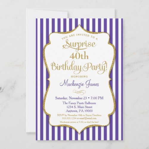 Surprise Party Birthday Purple Gold Elegant Invitation