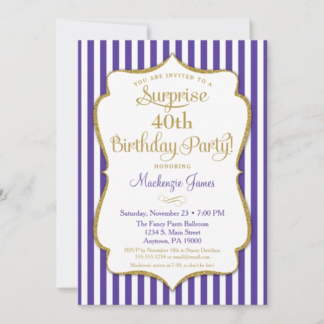 Surprise Party Birthday Purple Gold Elegant Invitation (Front)