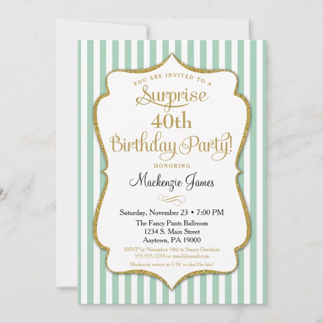 Surprise Party Birthday Seafoam Mint Green Gold Invitation (Front)