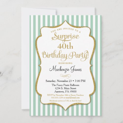 Surprise Party Birthday Seafoam Mint Green Gold Invitation