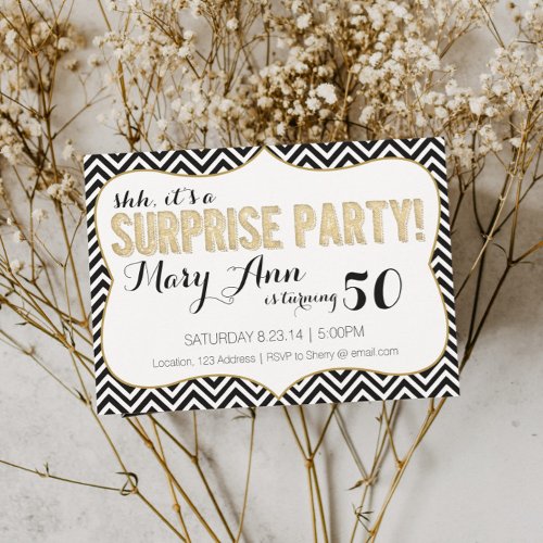 Surprise Party Black and Gold Chevron Custom Invitation