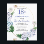 Surprise Party Budget 18th Birthday Invitation<br><div class="desc">Blue hydrangea flowers and blush roses decorate a gold oval frame. An open and airy modern botanical.</div>