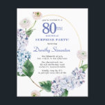 Surprise Party Budget 80th Birthday Invitation<br><div class="desc">Blue hydrangea flowers and blush roses decorate a gold oval frame. An open and airy modern botanical.</div>