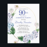Surprise Party Budget 90th Birthday Invitation<br><div class="desc">Blue hydrangea flowers and blush roses decorate a gold oval frame. An open and airy modern botanical.</div>