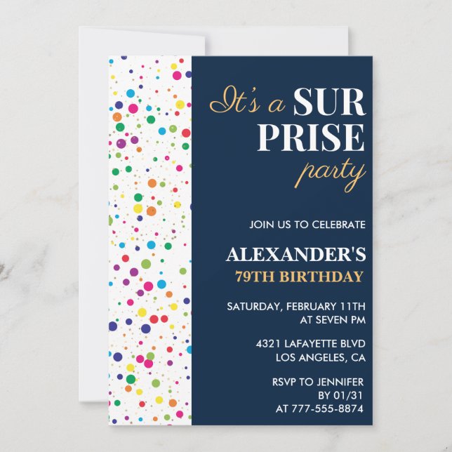 Surprise party Confetti Navy blue 79th birthday Invitation (Front)