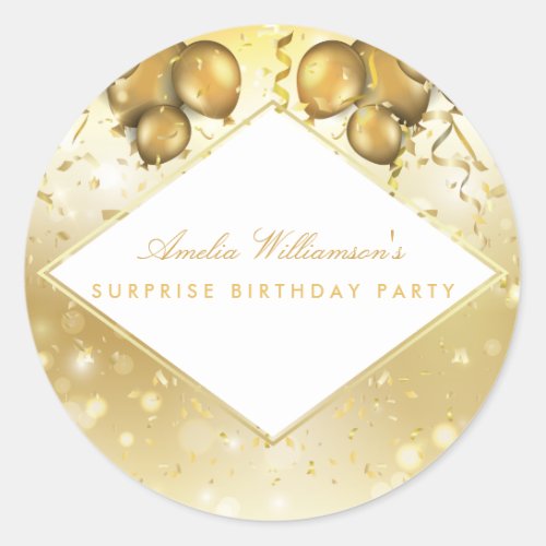 Surprise Party  Glam Gold Balloons  Confetti Classic Round Sticker