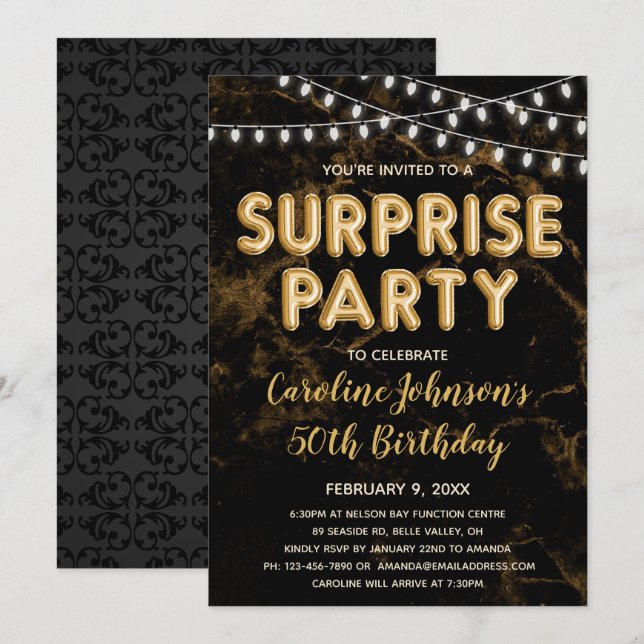 Surprise Party Gold Balloon Birthday Invitations (Front/Back)