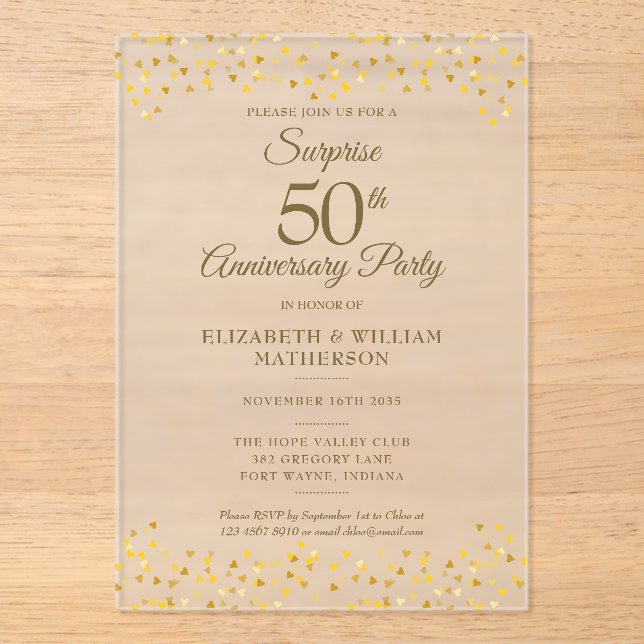 Surprise Party Golden 50th Wedding Anniversary Acrylic Invitations (Front)