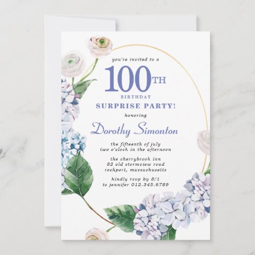 Surprise Party Hydrangea Rose 100th Birthday Invitation