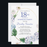 Surprise Party Hydrangea Rose 18th Birthday Invitation<br><div class="desc">Blue hydrangea flowers and blush rose florals decorate a gold oval frame. An open and airy modern botanical.</div>
