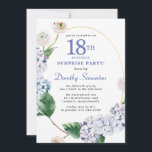 Surprise Party Hydrangea Rose 18th Birthday Invitation<br><div class="desc">Blue hydrangea flowers and blush rose florals decorate a gold oval frame. An open and airy modern botanical.</div>