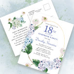 Surprise Party Hydrangea Rose 18th Birthday Postcard<br><div class="desc">Blue hydrangea flowers and blush rose florals decorate a gold oval frame. An open and airy modern botanical.</div>