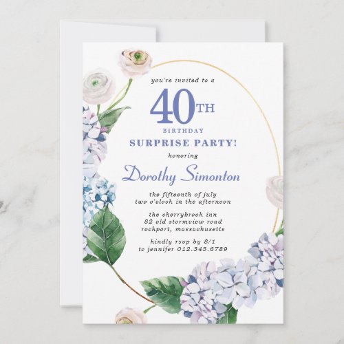 Surprise Party Hydrangea Rose 40th Birthday Invitation