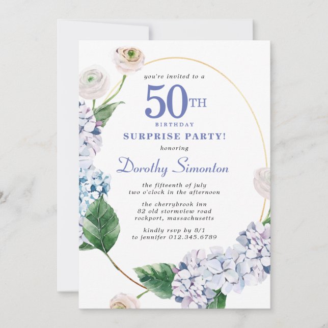 Surprise Party Hydrangea Rose 50th Birthday Invitation (Front)