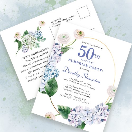 Surprise Party Hydrangea Rose 50th Birthday Postcard