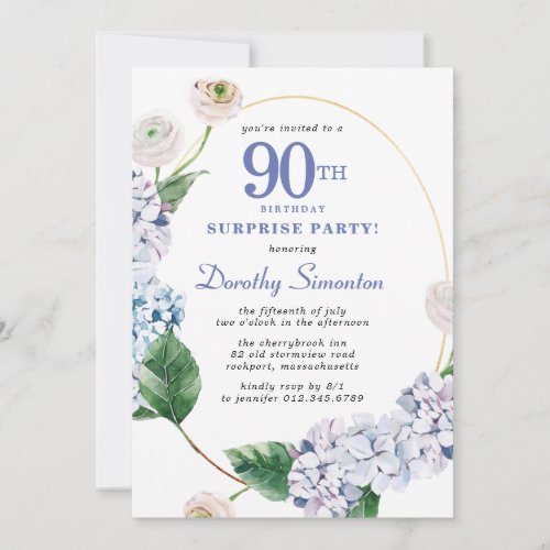 Surprise Party Hydrangea Rose 90th Birthday Invitation