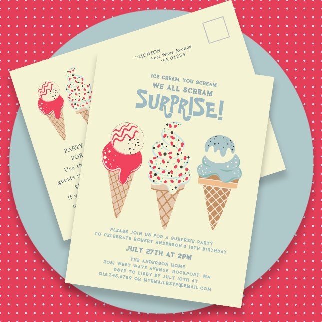 Surprise Party Ice Cream 18th Birthday Invitation Postcard (Creator Uploaded)