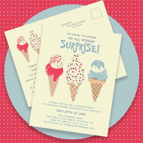 Surprise Party Ice Cream 19th Birthday Invitation Postcard