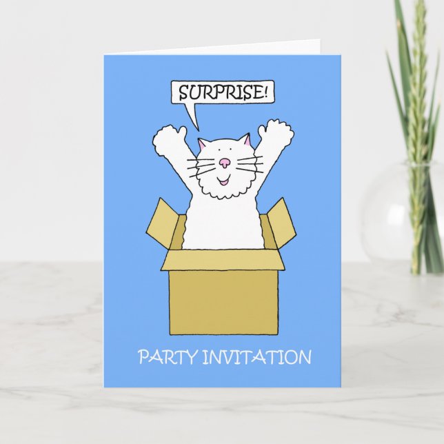 Surprise Party Invitation Cartoon Cat in a Box (Front)