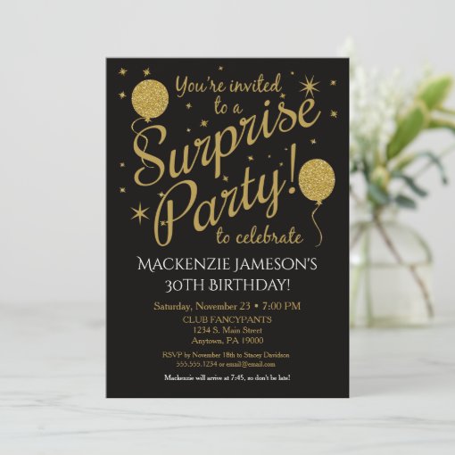 Surprise Party Invitation Gold Balloon Birthday | Zazzle