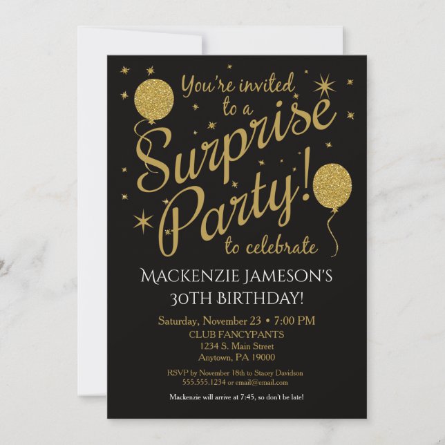 Surprise Party Invitation Gold Balloon Birthday (Front)