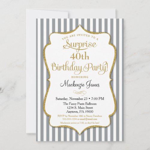 Surprise Party Invitation Gray Grey Gold Elegant