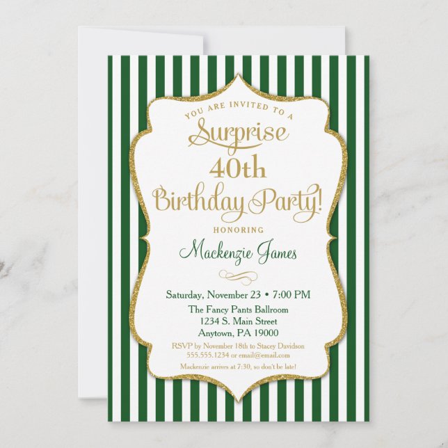Surprise Party Invitation Hunter Green Gold (Front)