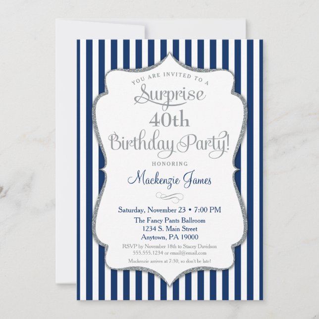 Surprise Party Invitation Navy Blue Silver Elegant (Front)