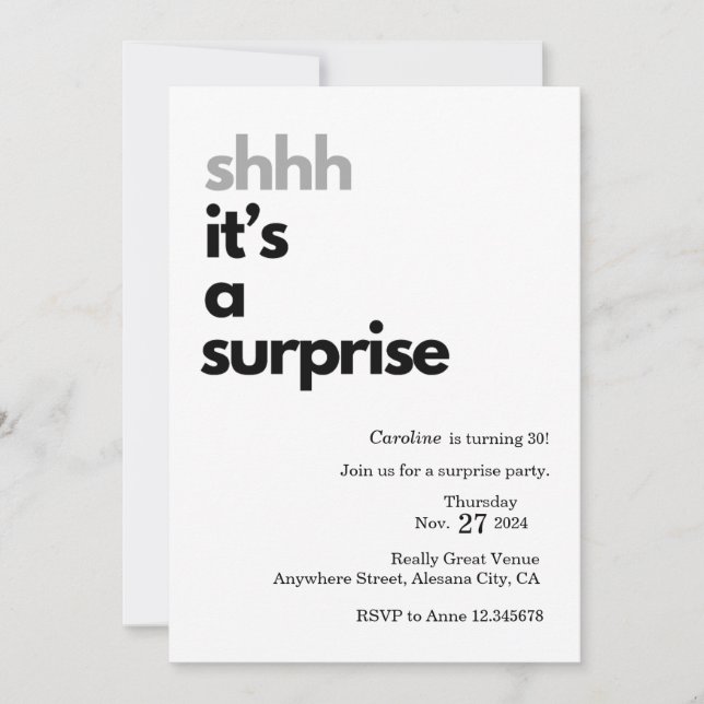 Surprise Party Invitation Template Minimalist Card (Front)