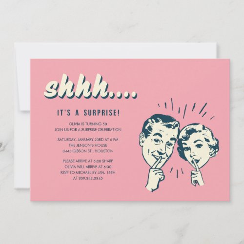 Surprise Party Invites - Surprise party invites with a pink retro style design. The main message says: "shhh it's a surprise".