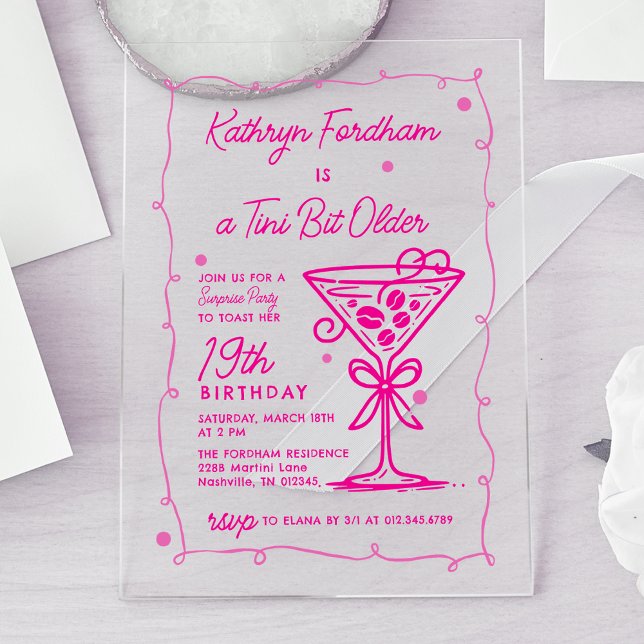 SURPRISE PARTY Pink Doodle Martini 19th Birthday Acrylic Invitations (Creator Uploaded)