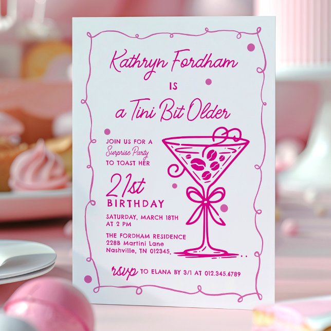 SURPRISE PARTY Pink Doodle Martini 21st Birthday Invitation (Creator Uploaded)