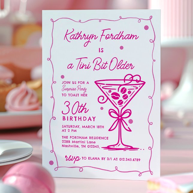 SURPRISE PARTY Pink Doodle Martini 30th Birthday Invitation (Creator Uploaded)