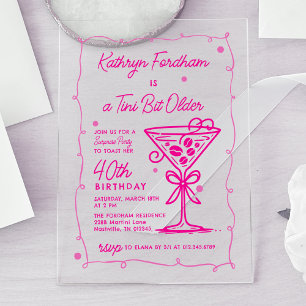 SURPRISE PARTY Pink Doodle Martini 40th Birthday Acrylic Invitations