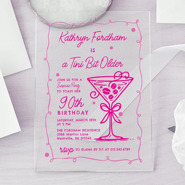 SURPRISE PARTY Pink Doodle Martini 90th Birthday Acrylic Invitations (Creator Uploaded)
