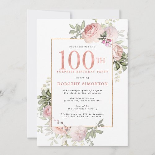SURPRISE PARTY Pink Gold Floral 100th Birthday