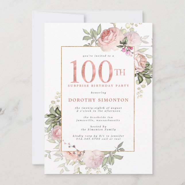 SURPRISE PARTY Pink Gold Floral 100th Birthday Invitation (Front)
