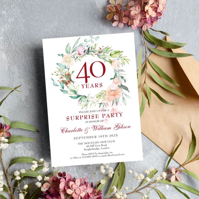 Surprise Party Roses Garland 40th Anniversary Invitation