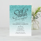 Surprise Party Shhh, Blue Glitter Ombre Invitation (Standing Front)