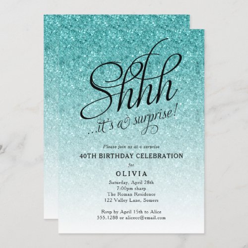 Surprise Party Shhh Blue Glitter Ombre Invitation