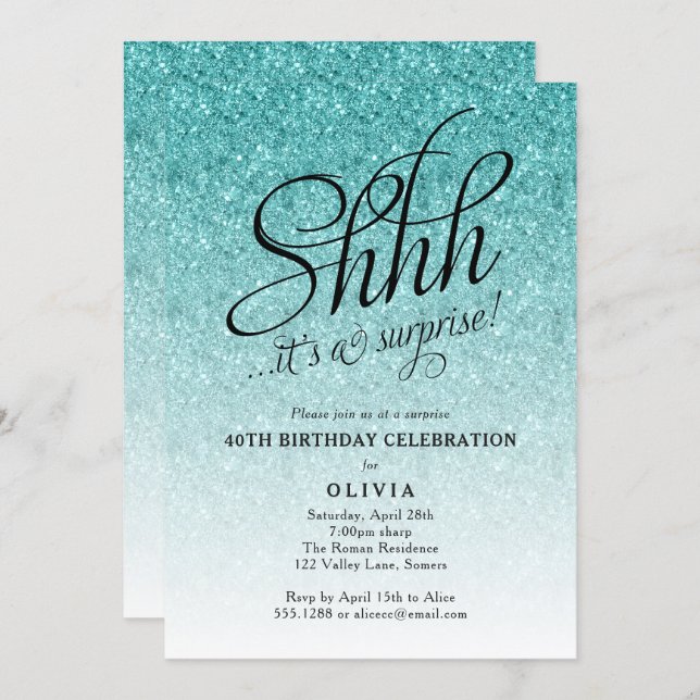 Surprise Party Shhh, Blue Glitter Ombre Invitation (Front/Back)