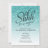 Surprise Party Shhh, Blue Glitter Ombre Invitation (Front)