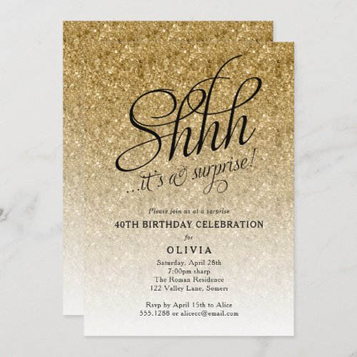 Surprise Party Shhh Gold Glitter Ombre Invitation