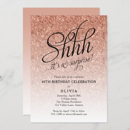 Surprise Party Shhh Rose Gold Glitter Ombre Invitation