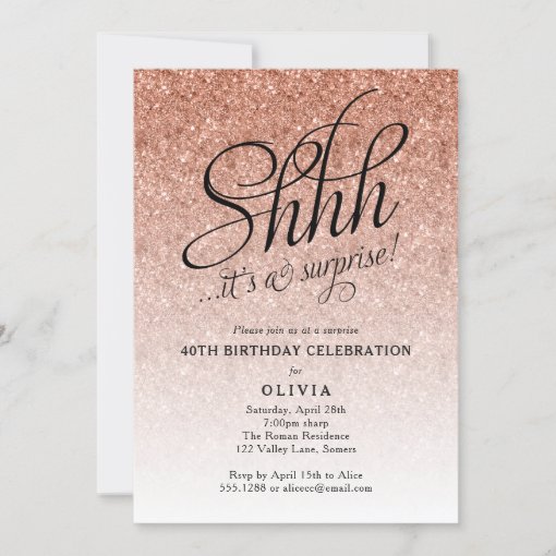 Surprise Party Shhh, Rose Gold Glitter Ombre Invitation | Zazzle