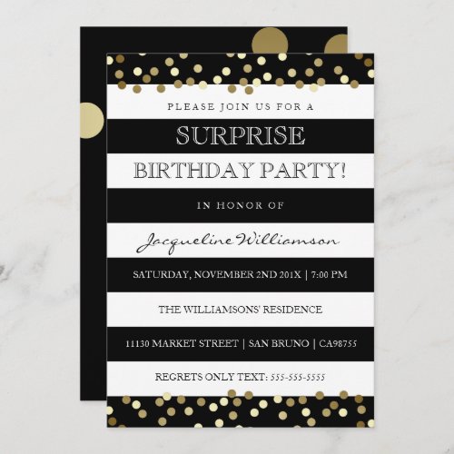Surprise Party  Sleek Black White  Gold Invitation