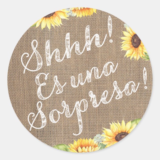 Surprise Party Sticker with Sunflowers in Spanish (Front)
