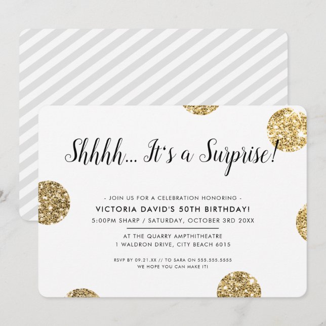 SURPRISE PARTY stylish gold glitter polka dots Invitation (Front/Back)