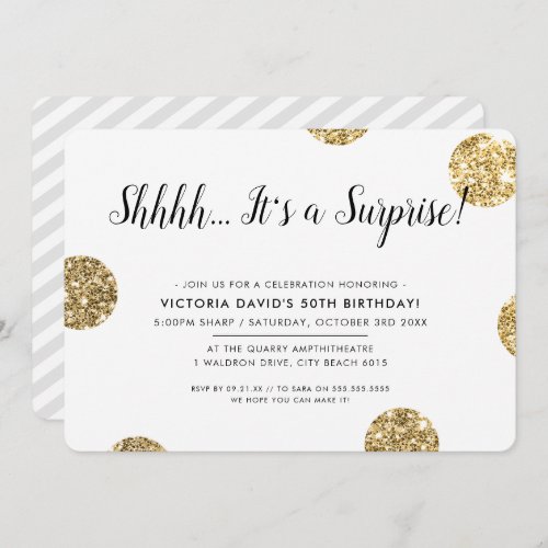 SURPRISE PARTY stylish gold glitter polka dots Invitation