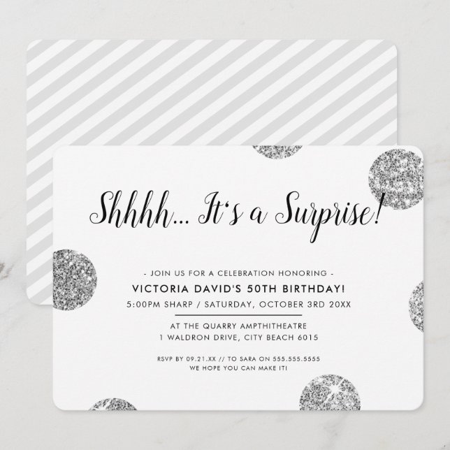 SURPRISE PARTY stylish silver glitter polka dots Invitation (Front/Back)